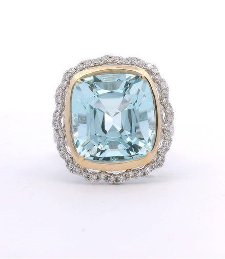 14K White Gold Aquamarine & Diamond Cushion Cut Fashion Ring
