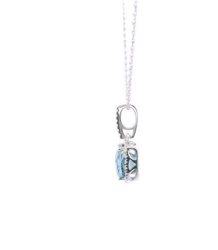 14K White Gold DIamond And London Blue Pendant Necklace