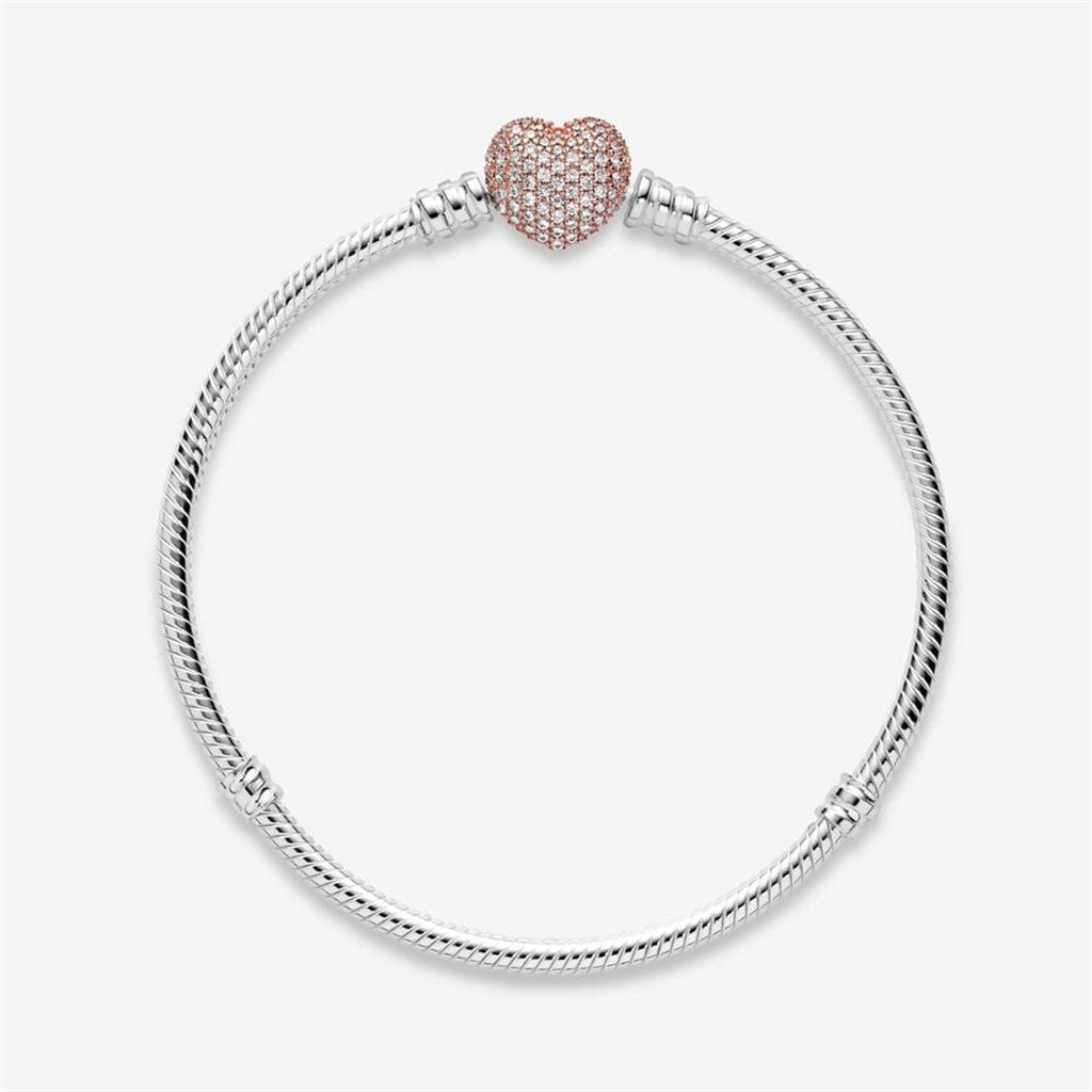 Pandora Moments Pave' Heart Clasp Snake Chain Bracelet Size 17