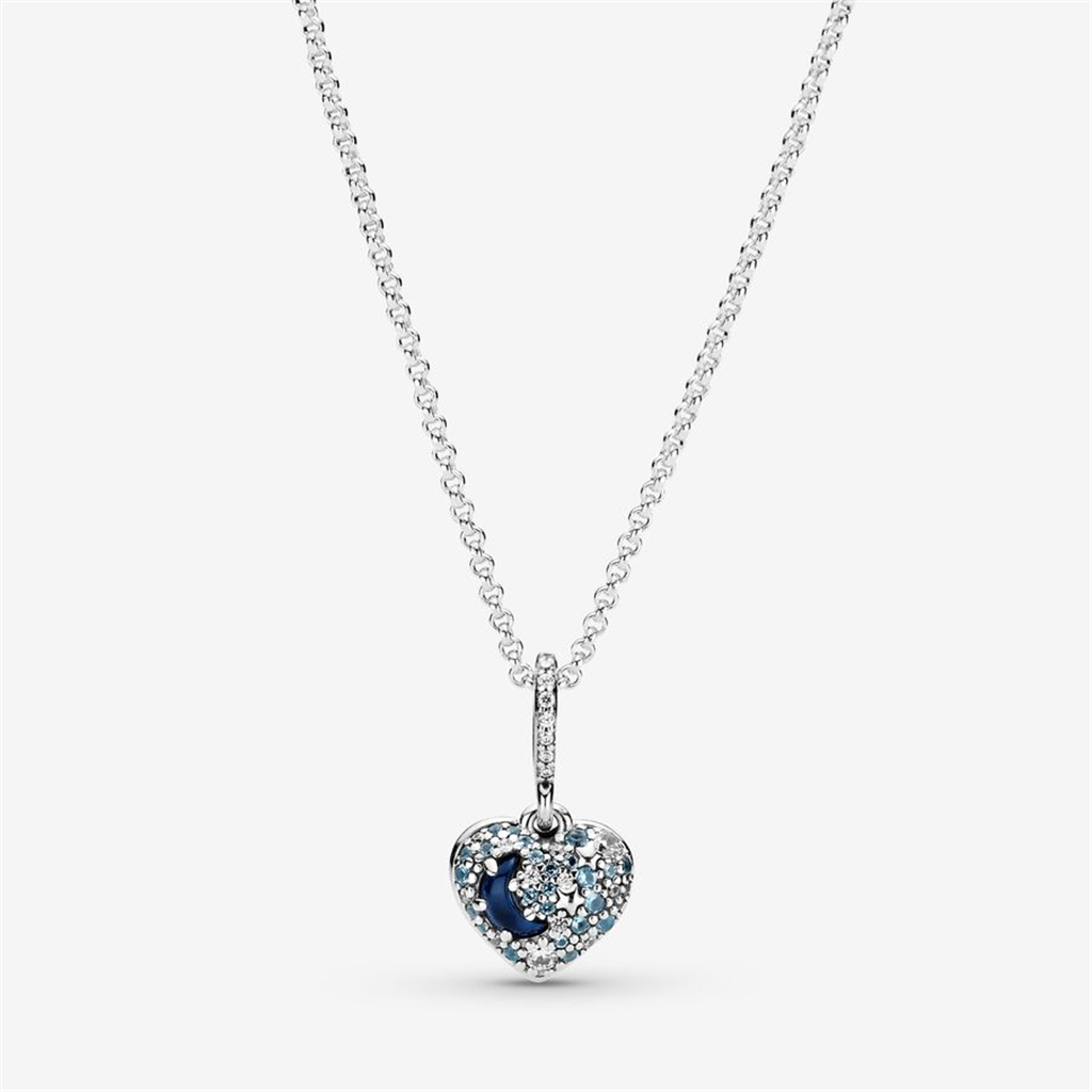 Pandora Sparkling Blue Moon & Stars Heart Necklace 50"