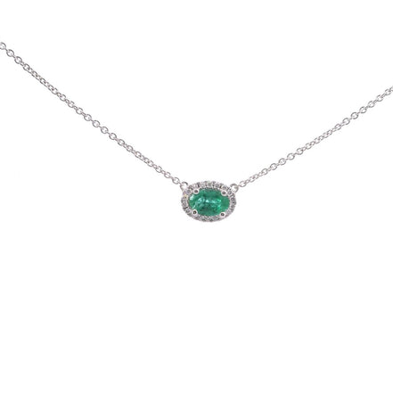 18K White Gold Emerald East/West Diamond Pendant Necklace