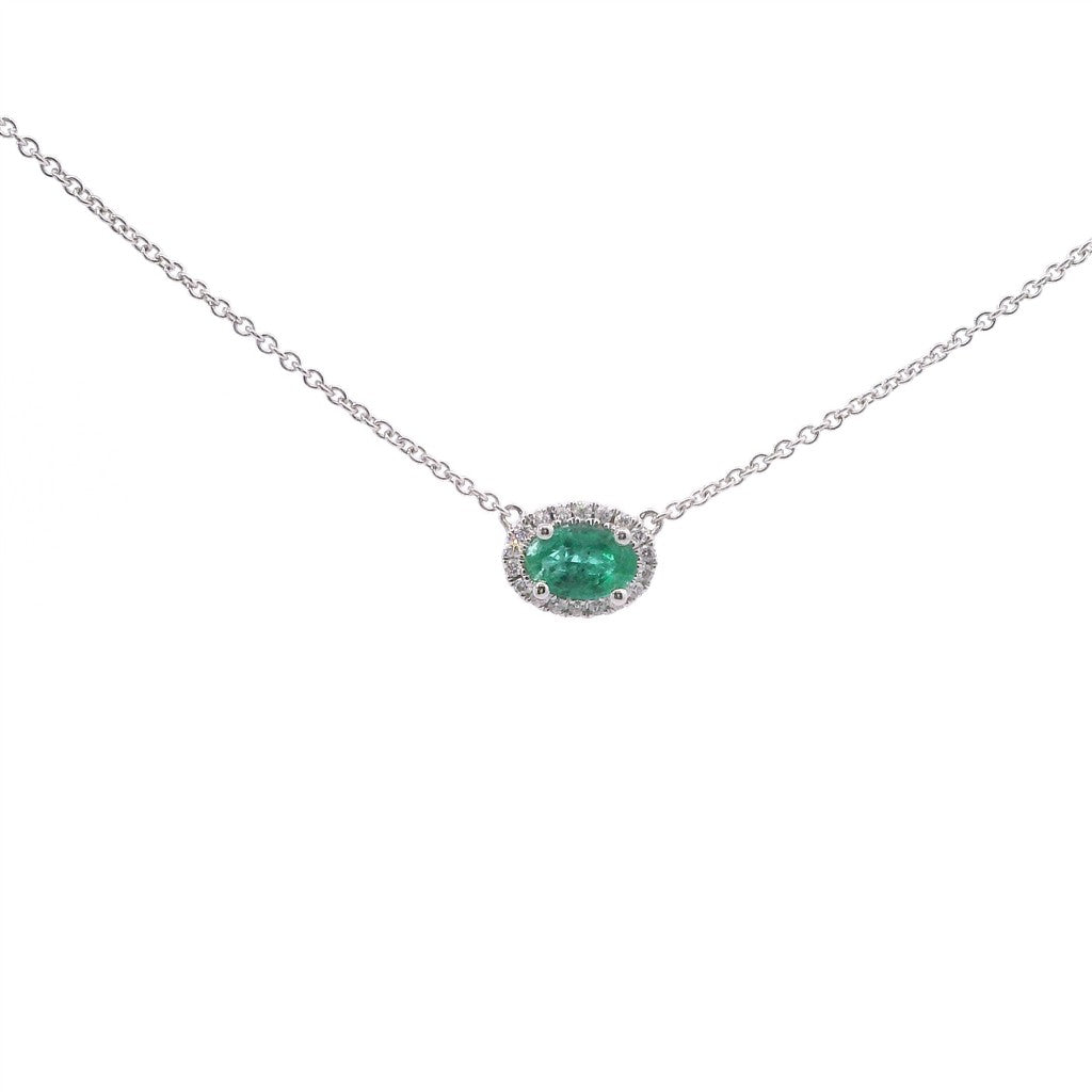 18K White Gold Emerald East/West Diamond Pendant Necklace