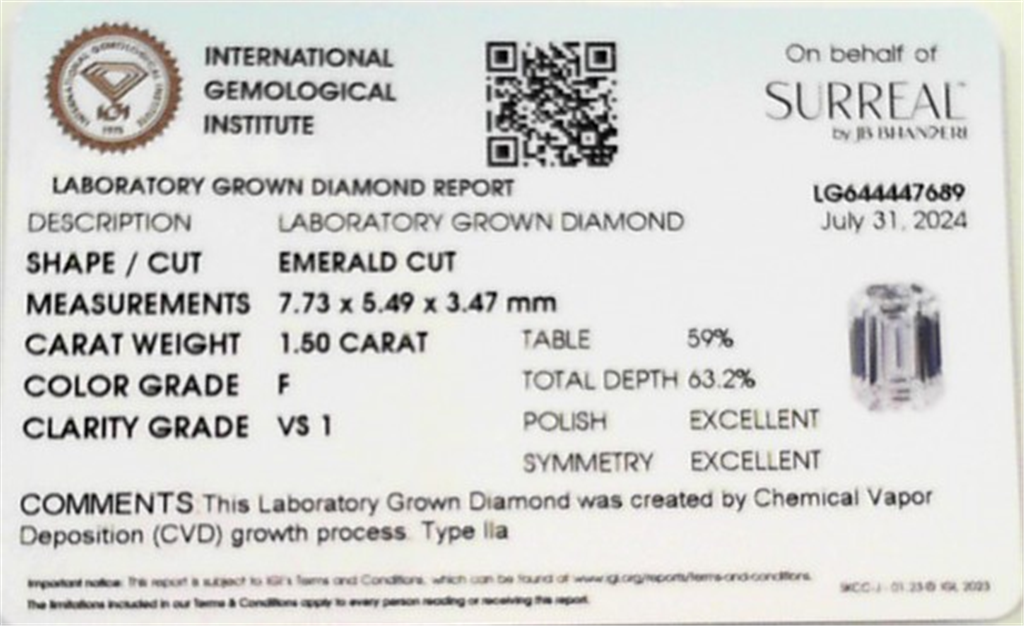 1.50 Emerald Cut Lab Grown Diamond F / Vs1 Igi