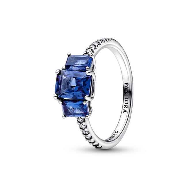 Pandora Timeless Blue Rectangular Three Stone Sparkling Ring Size 7