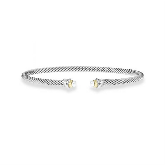 Phillip Gavriel Ladies Sterling Silver & 18K Gold Dome White Pearl Italian Cable Stackable Skinny Cuff Bangle