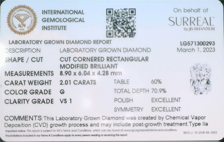2.01 Ctw G Vs1 Lab Grown Radiant Cut Diamond