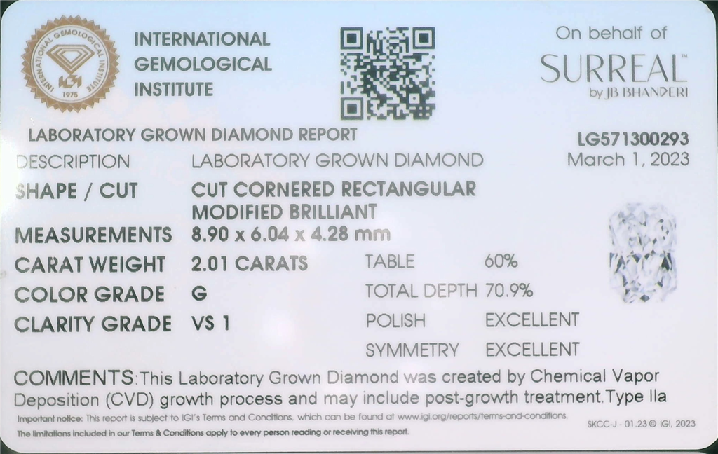 2.01 Ctw G Vs1 Lab Grown Radiant Cut Diamond