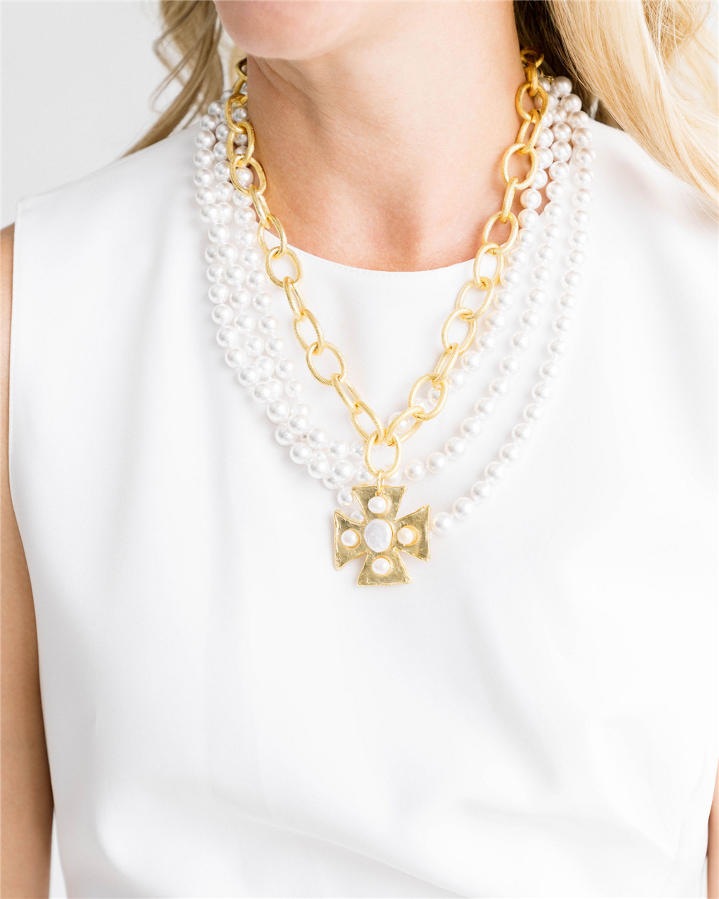 Susan Shaw Maltese Cross Multi-Strand Pearl Necklace
