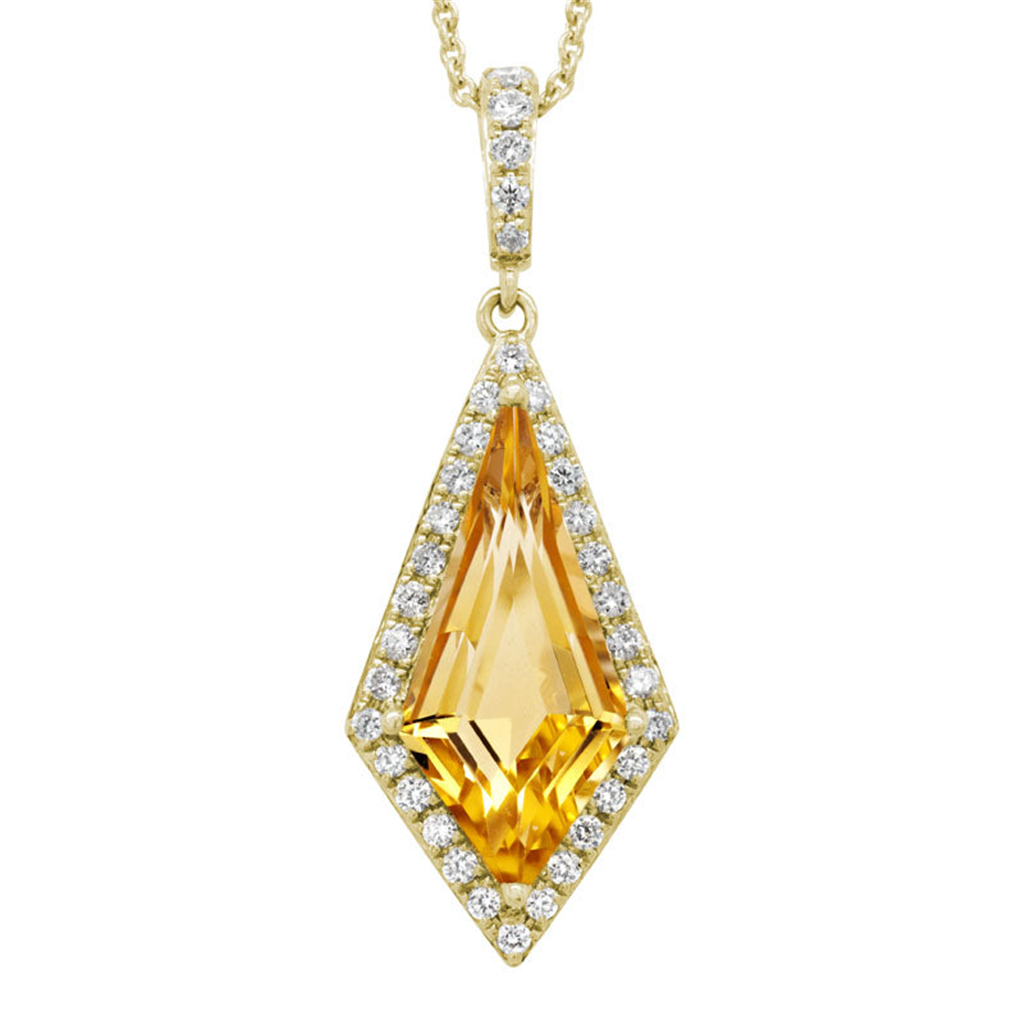 14K Yellow Gold Citrine And Diamond Kite Shaped Pendant Necklace