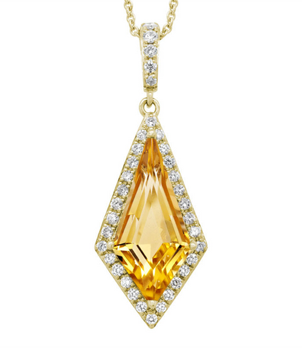 14K Yellow Gold Citrine And Diamond Kite Shaped Pendant Necklace