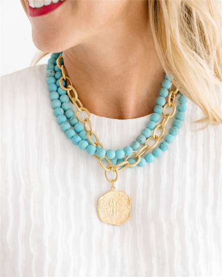 Susan Shaw Multi Strand Turquoise + Coin Necklace