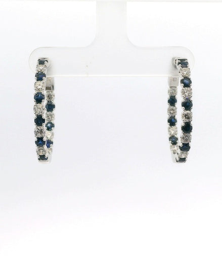 14K White Gold Sapphire And Diamond Inside/Out Hoop Earrings