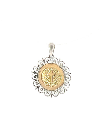 14k Two Toned Cross Medallion Pendant
