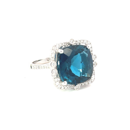 0.42 Ctw Diamond & 13.16 Ctw London Blue Topaz Ring