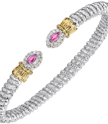Vahan 14K Gold And Sterling Silver Pink Sapphire And Diamond 4mm Open Cuff Bracelet