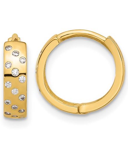 14K Polished CZ Hinged Hoop Earrings