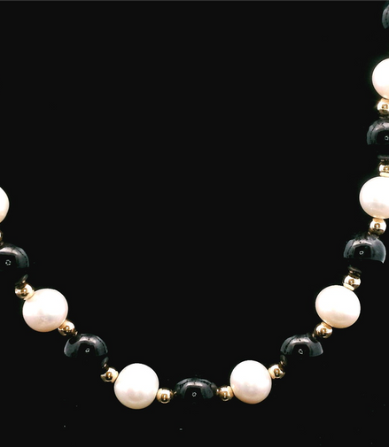 14K Yellow Gold Black Jade And Freshwater Pearl Necklace