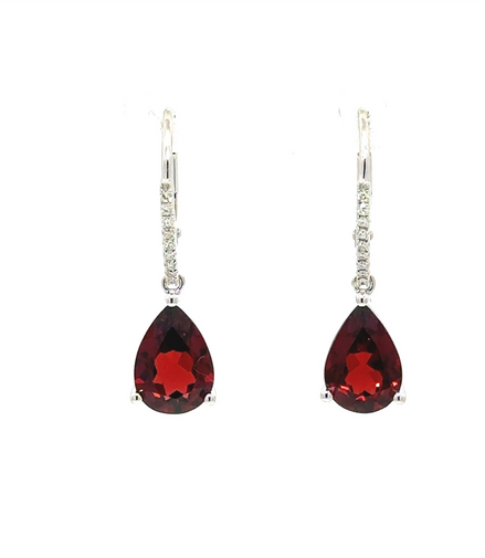 14K White Gold Diamond And Garnet Drop Dangle Earrings