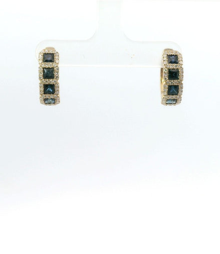 14K Yellow Gold Sapphire and Diamond Huggie Hoop Gemstone Earrings