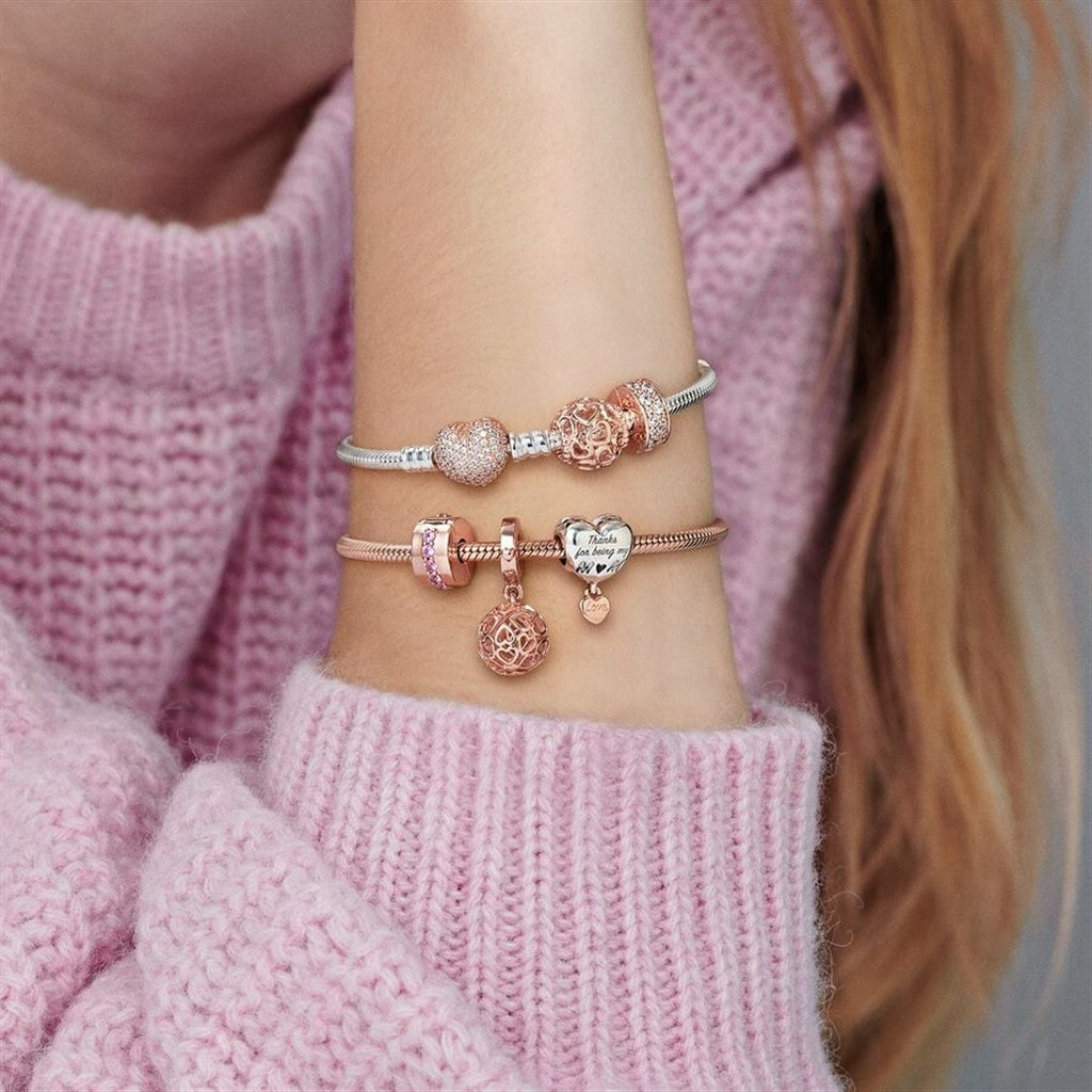 Pandora Moments Rose Smooth Barrel Clasp Snake Chain Charm Bracelet Size 16