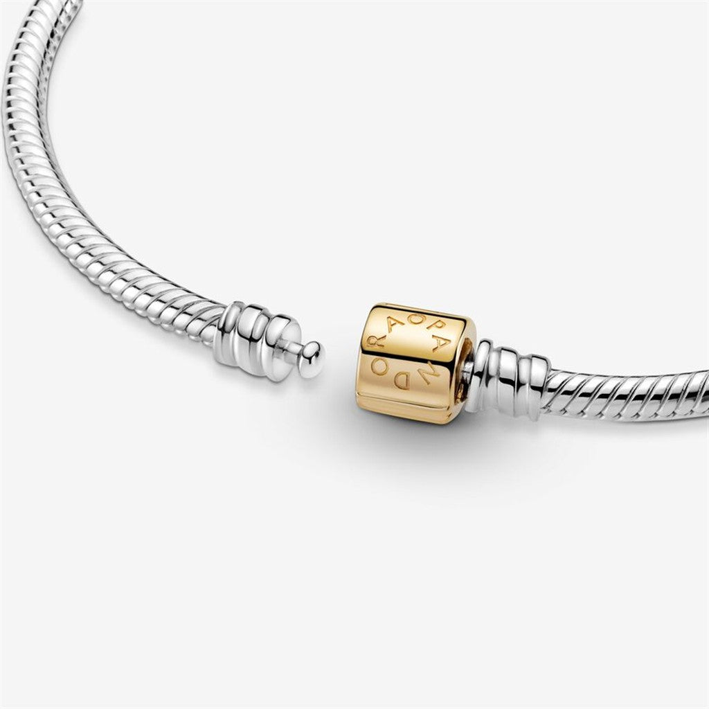 Pandora Moments Sterling Silver And 14K Gold Barrel Clasp Snake Chain Bracelet Size 19