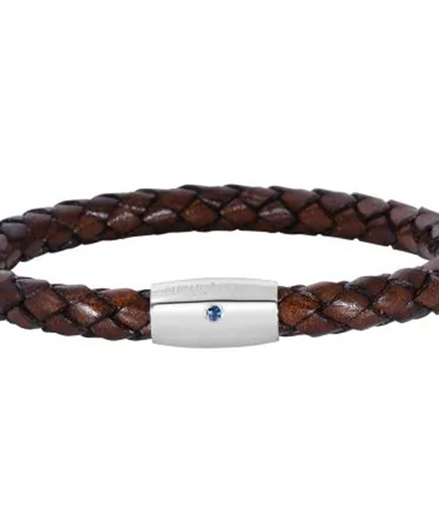 Woven Brown Cow Leather Bracelet With Sapphire And Sterling Silver Barrel Clasp 8"