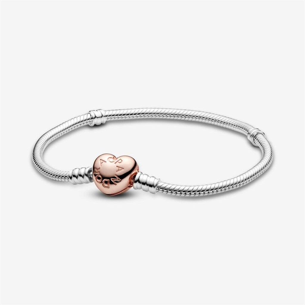 Pandora Moments Rose Heart Clasp Snake Chain Bracelet Size 17