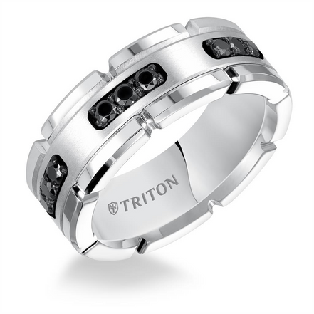 Triton White Tungsten Carbide and Black Diamond Wedding Band Size 10