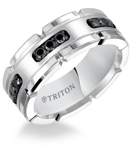 Triton White Tungsten Carbide and Black Diamond Wedding Band Size 10