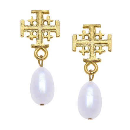 Susan Shaw Triple Gold Plated Jerusalem Cross Drop Pearl Earrings