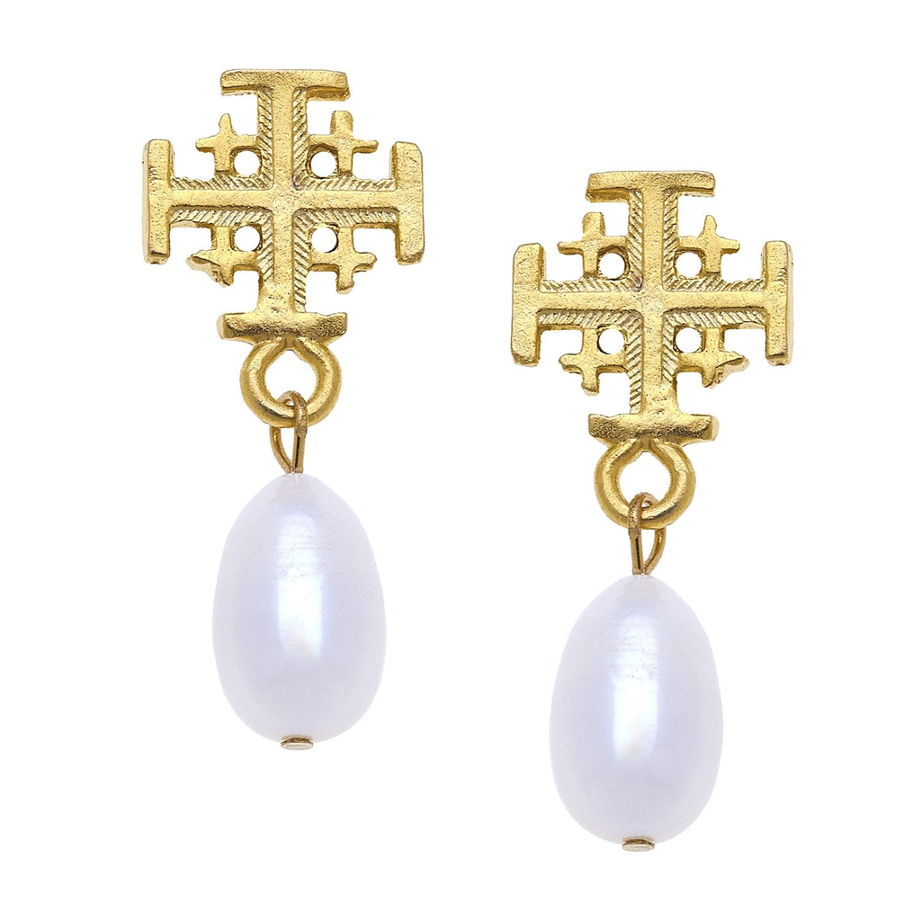 Susan Shaw Triple Gold Plated Jerusalem Cross Drop Pearl Earrings