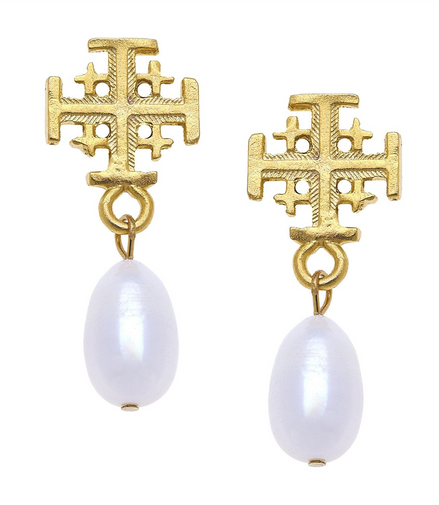 Susan Shaw Triple Gold Plated Jerusalem Cross Drop Pearl Earrings