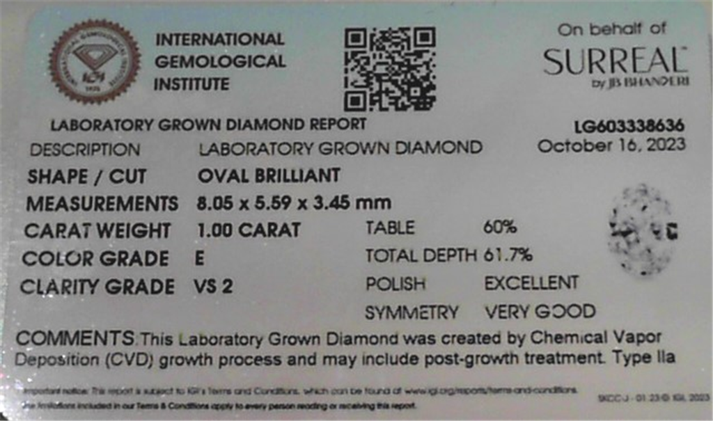 1.0 Ctw Lab Grown Oval Cut Diamond E Vs2