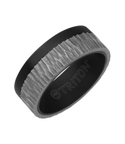 Triton Black Tantalum Ring Brushed Grey Asymmetrical Inlay and Flat Edge Size 10
