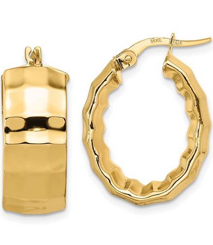 Ladies 14K Polished Yellow Gold Textured Oval Hoop Earrings