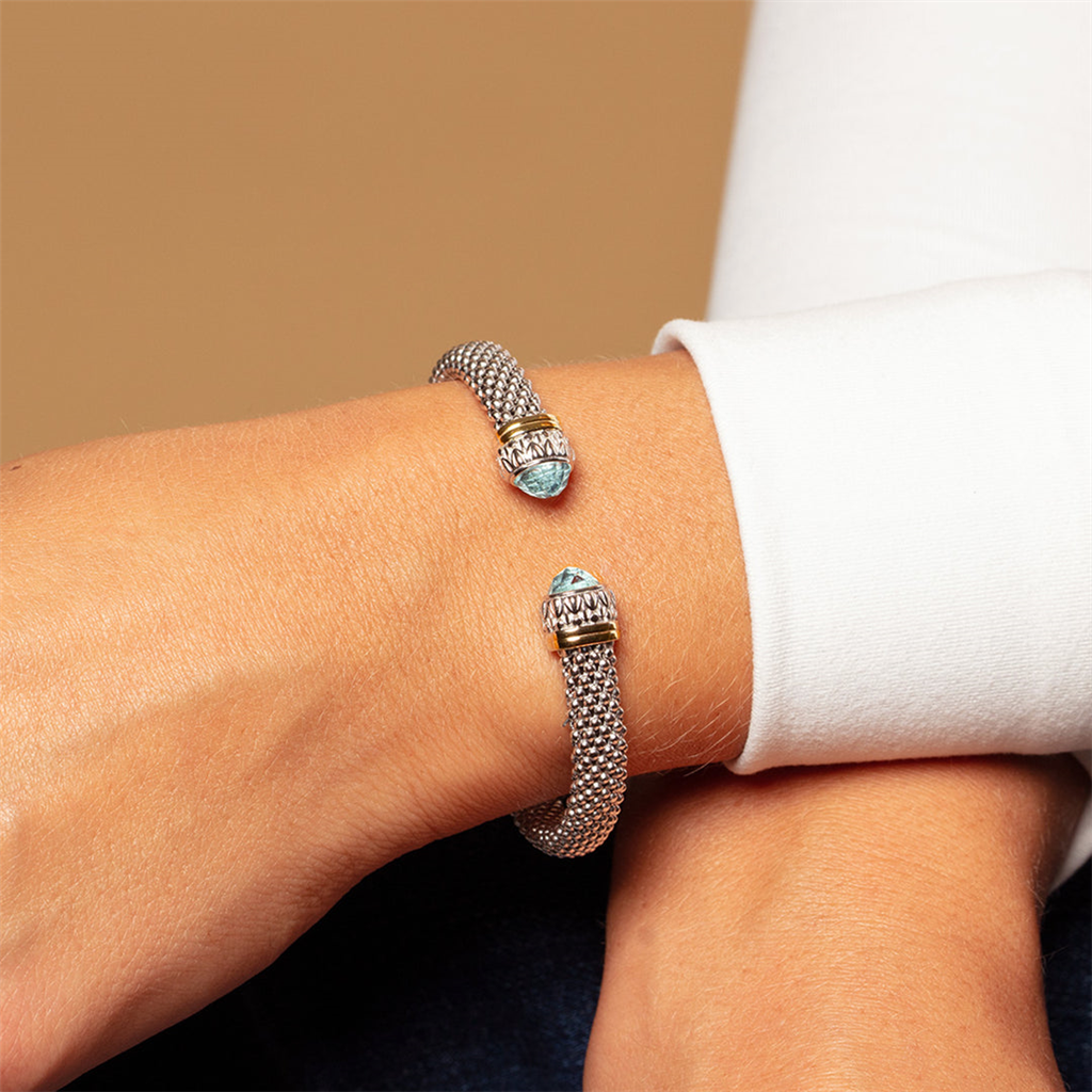 Phillip Gavriel Silver And 18K Gold Blue Topaz Popcorn Renaissance Open Cuff Bangle Bracelet