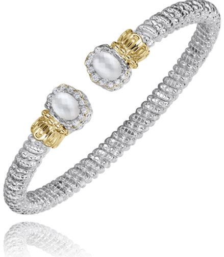 Vahan 14K Gold And Sterling Silver Diamond And Mother Of Pearl 4mm Open Cuff Bracelet