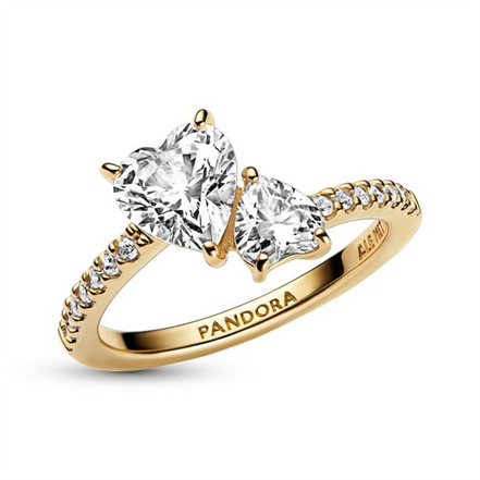 Pandora Timeless Gold Plated Double Heart Sparkling Ring Size 5