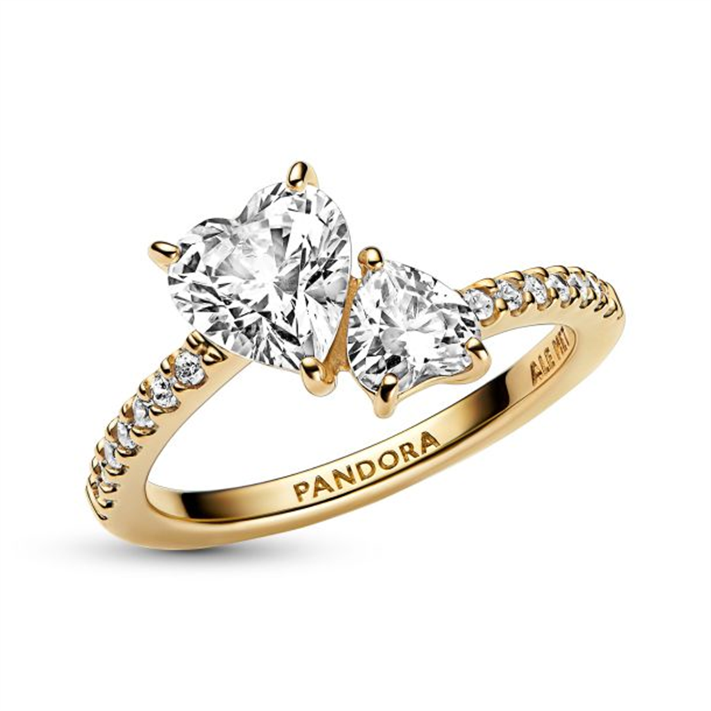 Pandora Timeless Gold Plated Double Heart Sparkling Ring Size 5