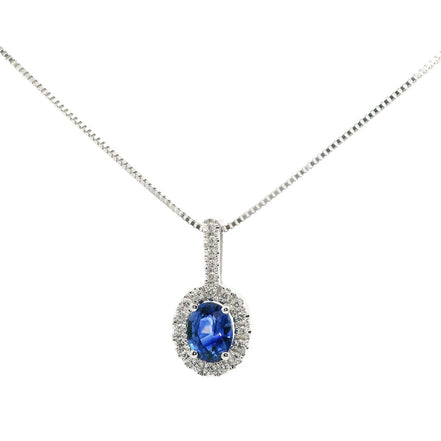 14K White Gold Oval Sapphire and Diamond Pendant Necklace