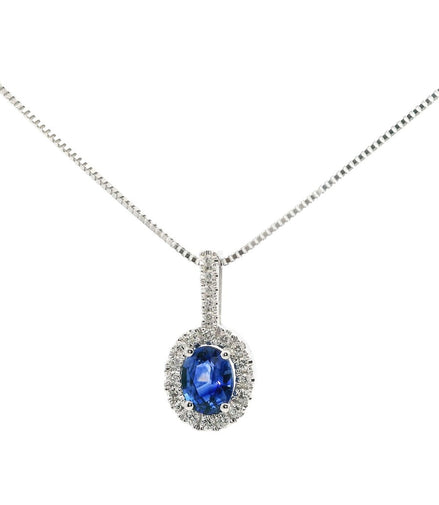 14K White Gold Oval Sapphire and Diamond Pendant Necklace