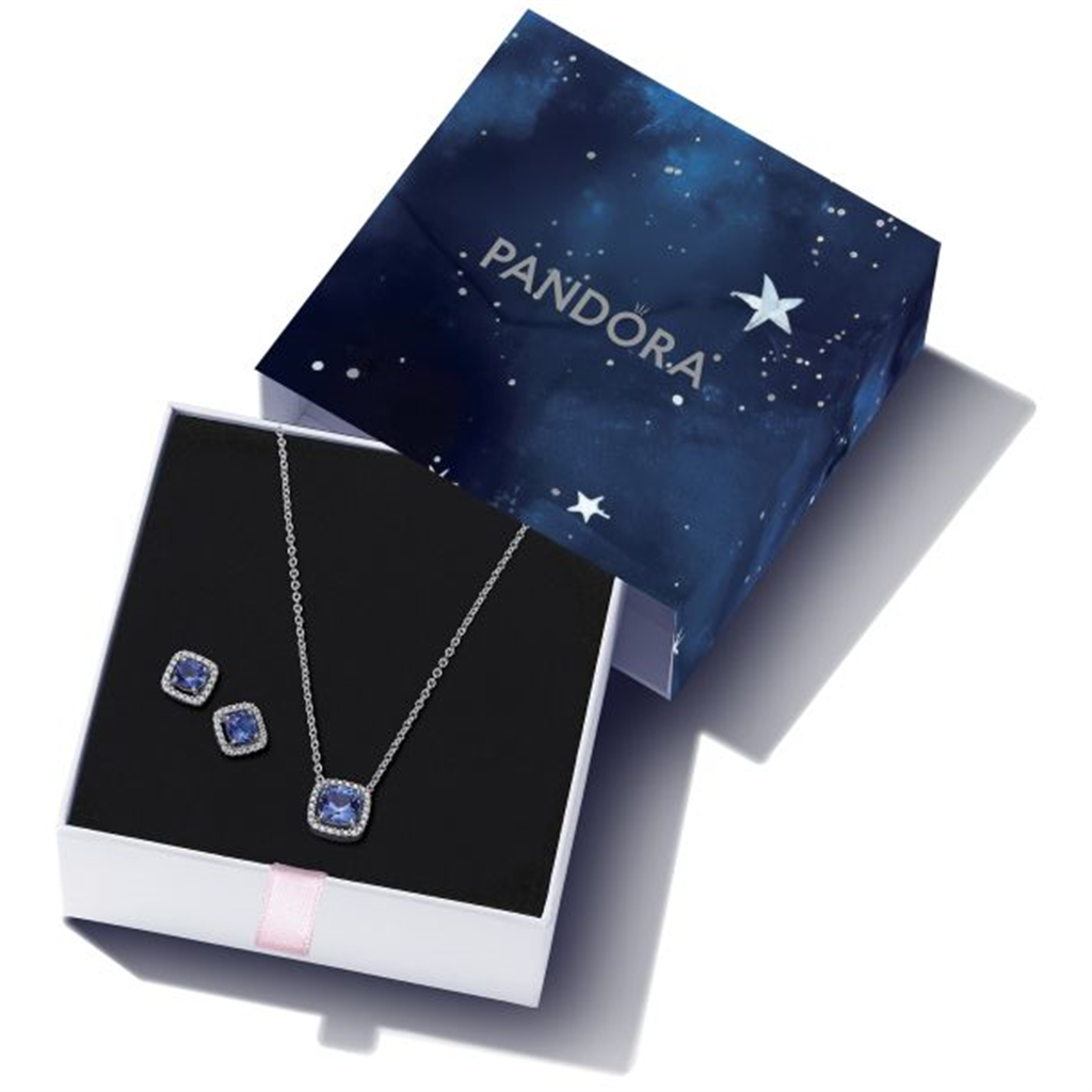 Pandora Sparkling Square Blue Halo Jewelry Gift Set