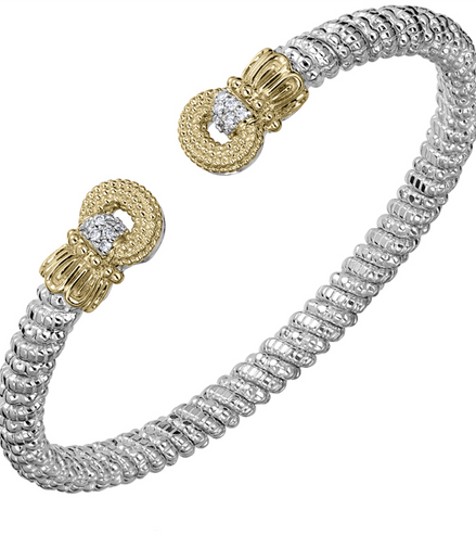 Vahan 14K Gold And Sterling Silver 4mm Diamond Beaded Open Cuff Bangle