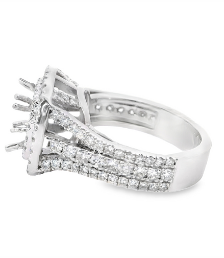 14K White Gold 1.54Ctw Double Halo 3 Row Shank Diamond Engagement Ring