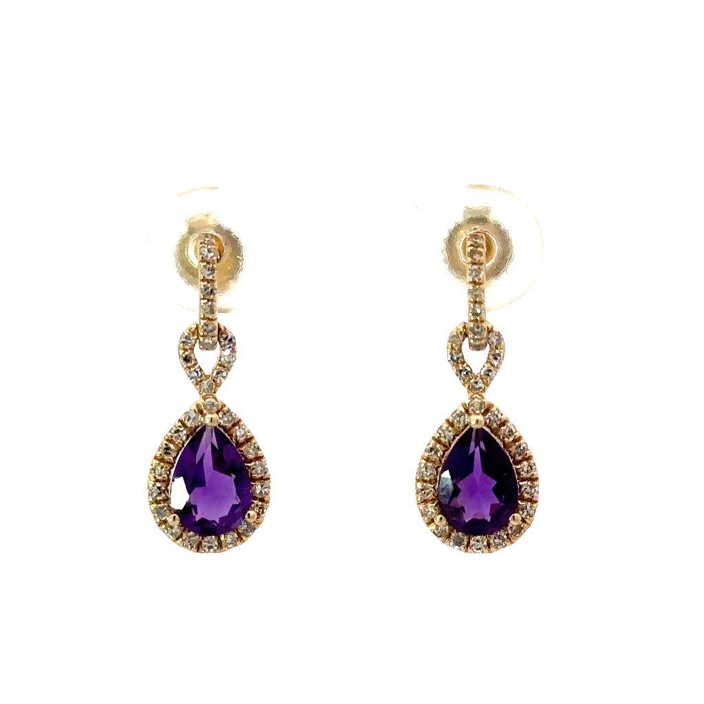 Ladies 14K Yellow Gold Amethyst And Diamond Dangle Earrings