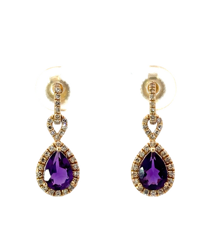 Ladies 14K Yellow Gold Amethyst And Diamond Dangle Earrings