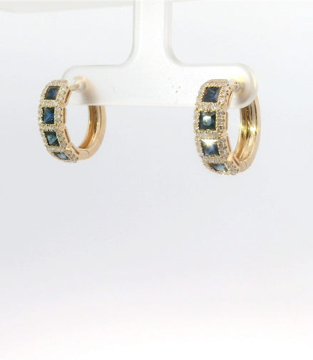 14K Yellow Gold Sapphire and Diamond Huggie Hoop Gemstone Earrings