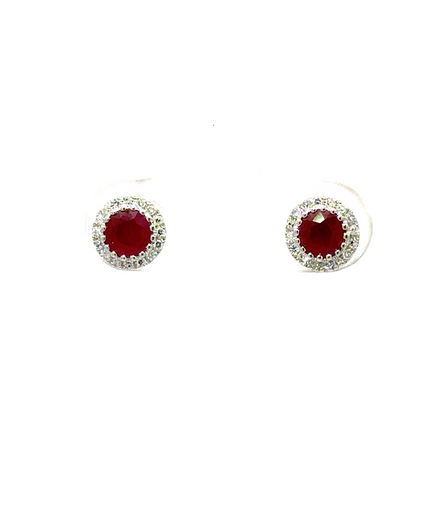 14K White Gold Diamond And Ruby Halo Earrings