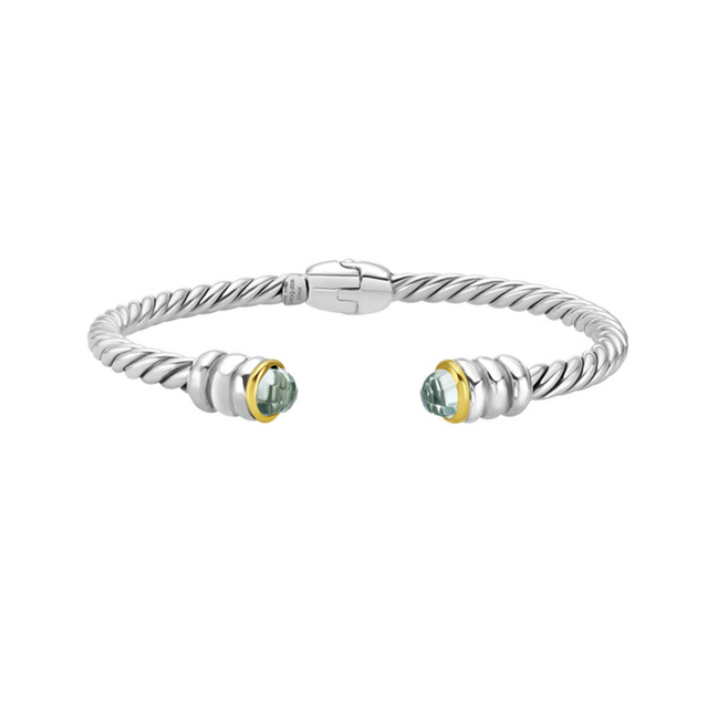 Phillip Gavriel Silver & 18K Gold Green Amethyst Cable Hinge Open Cuff Bangle Bracelet