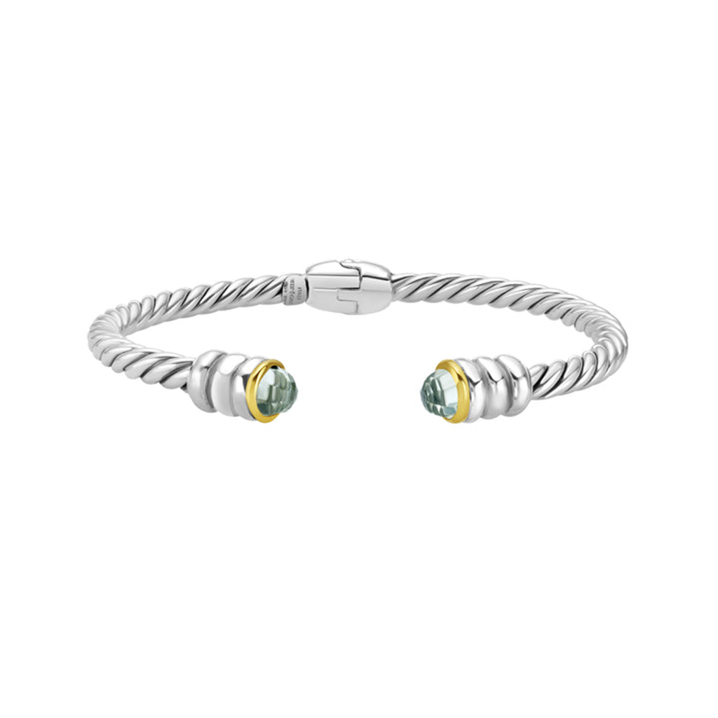 Phillip Gavriel Silver & 18K Gold Green Amethyst Cable Hinge Open Cuff Bangle Bracelet
